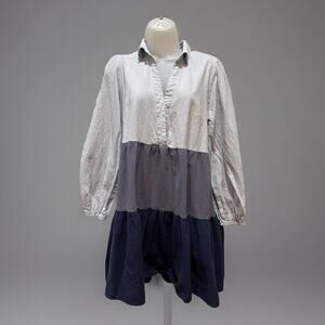 Simply Southern tiered swing dress color blocked long slv collar blues sz L